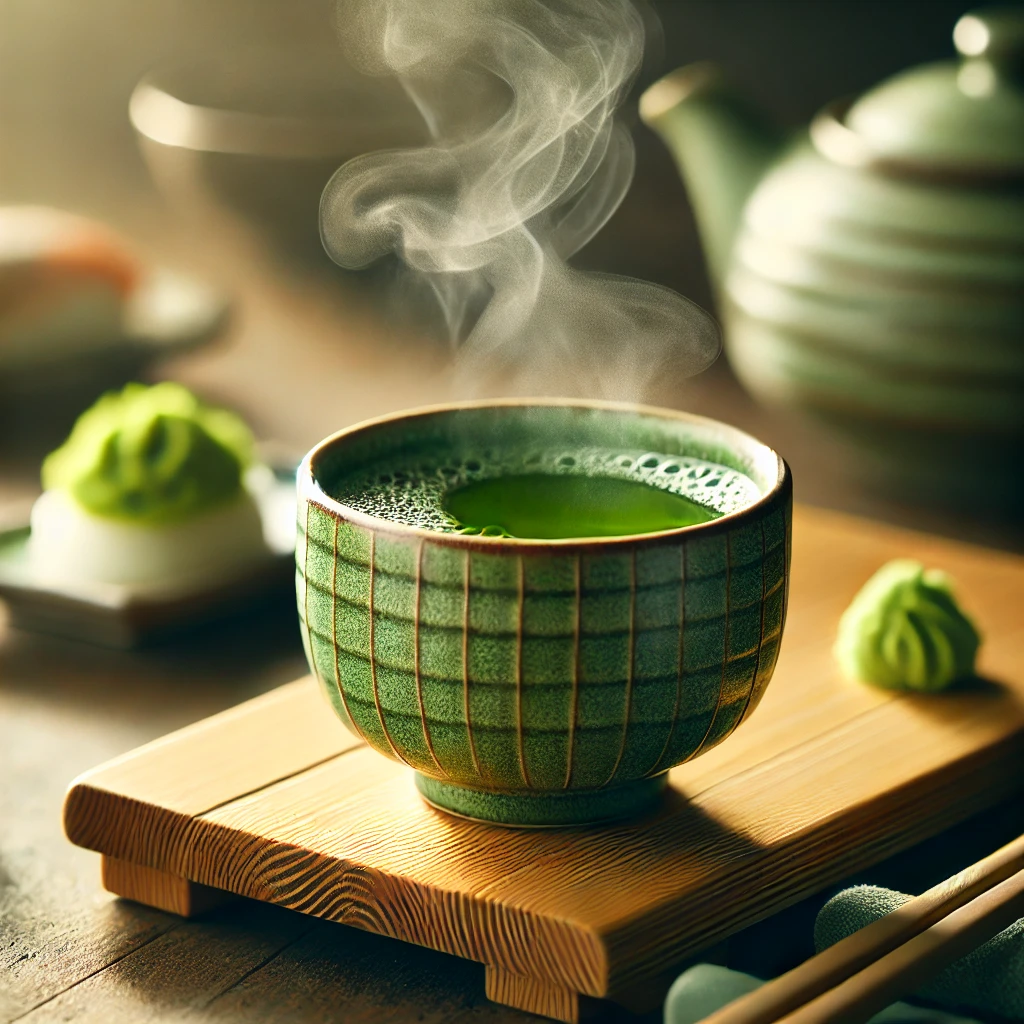 A traditional Japanese ceramic cup of green tea (Agari) served in the sushi tradition.