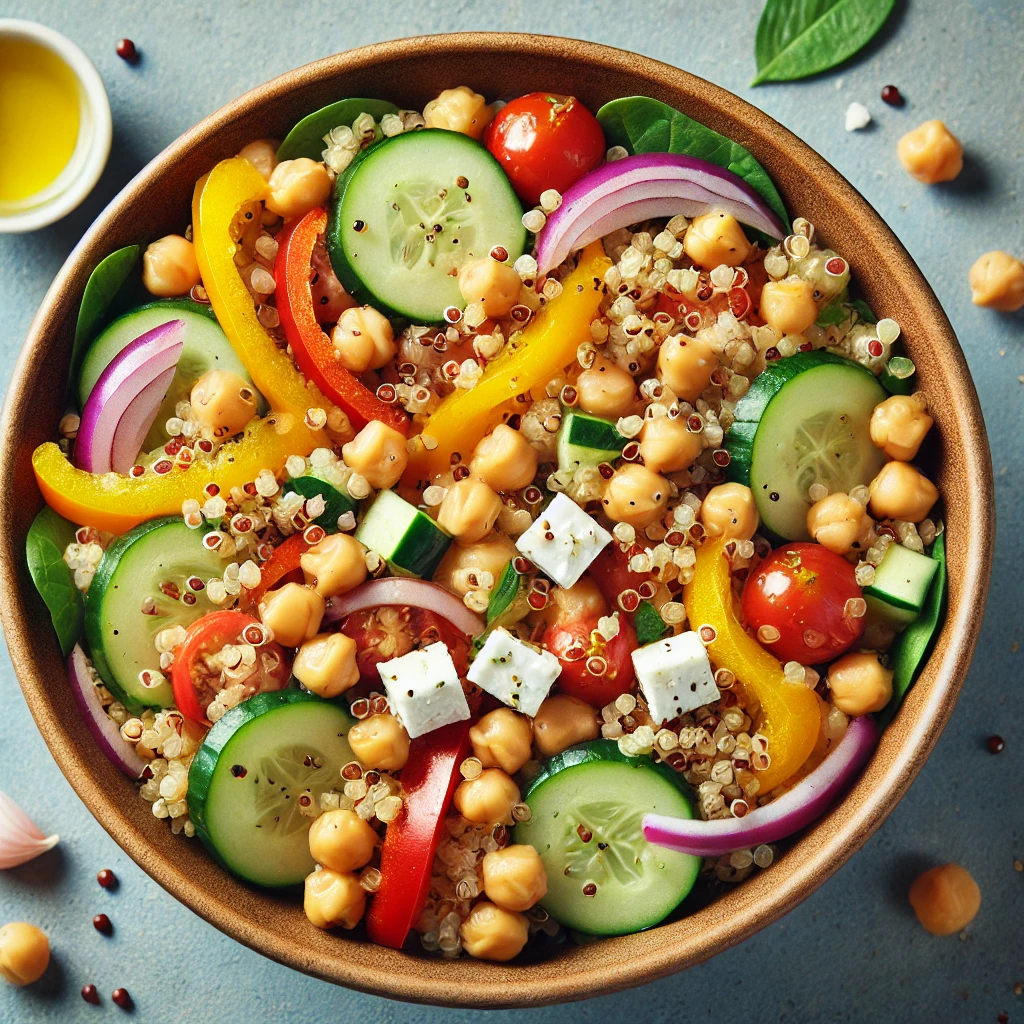 A Mediterranean quinoa salad featuring chickpeas, cooked quinoa, bell peppers, cucumbers, red onion, and crumbled feta cheese